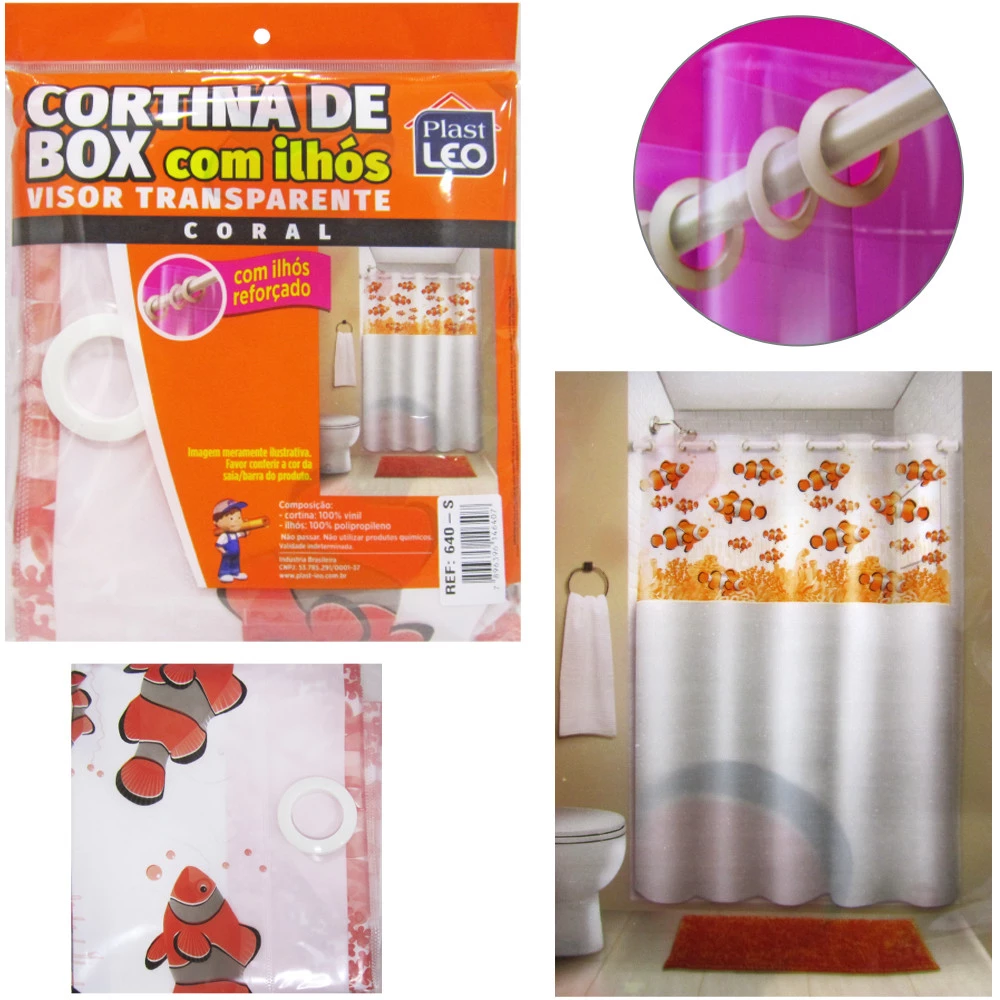 Cortina de Box de Plástico Vinil Visor transparente estampas sortidas 2,00 mts x1,35 cm com Ilhós